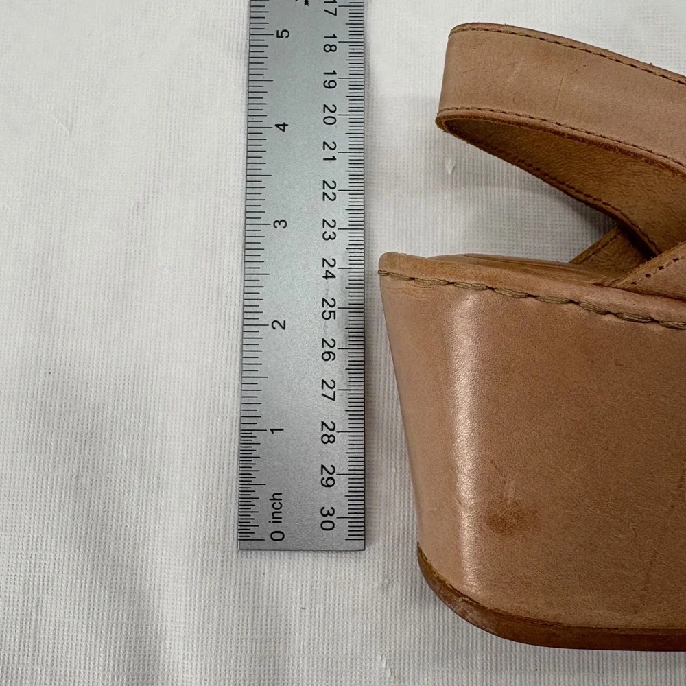 Born Tan Leather Platform Wedge Sandals Slingback Buckle D58341 Womens 7M